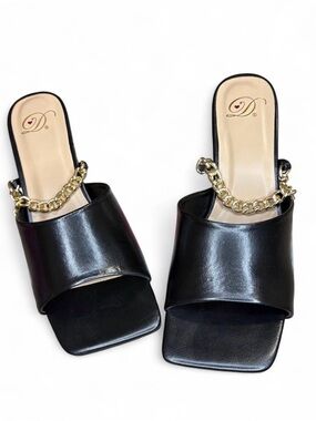 Delicious Black Leather Slide Mules with Gold Chain